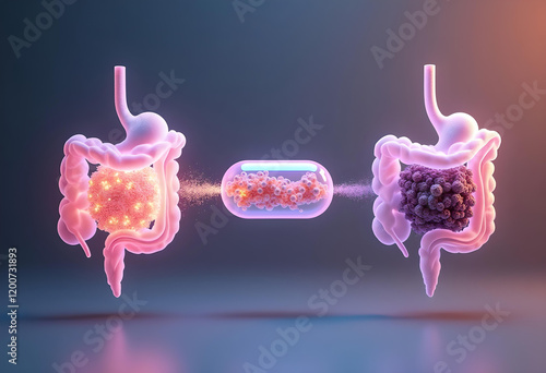 A sleek 3D model of fecal microbiota transplantation (FMT) showing glowing microbiota flowing between a donor and recipient via a futuristic capsule, set on a gradient background. photo