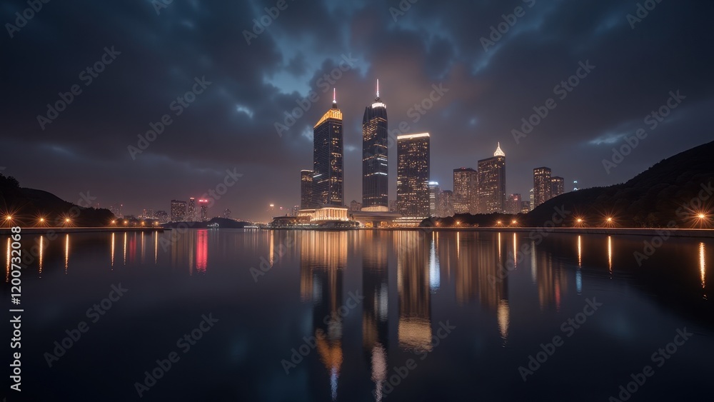 Glowing city lights reflect on a serene expanse, mirroring NYC's towering skyscrapers under a starlit, cloudy dusk sky Glowing city lights reflect on a serene expanse, mirroring NYC's towering skyscrapers under a starlit, cloudy dusk sky