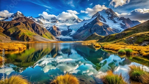 Breathtaking View of Mt. Illampu's Glacier-Covered Summits from Chilata Lagoon in Bolivia's Cordillera Real - Nature, Travel, Landscape, Adventure Photography photo