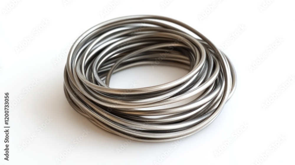 Close-up of a Coil of Shiny Metal Wire on White Background Close-up of a Coil of Shiny Metal Wire on White Background