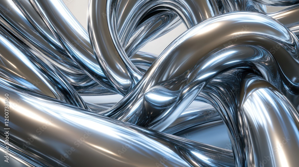 Fototapeta premium Abstract metallic swirls, chrome tubes, shiny, reflective, intertwined.