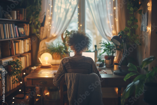 Wallpaper Mural A woman sits at a desk with a laptop and a lamp Torontodigital.ca