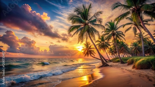 Vintage Tropical Beach Scene with Coconut Palm Trees, Soft Filter, Relaxing Vibes, Scenic View, Summer Aesthetic, Vacation Dreams, Serenity, Nature's Beauty, Coastal Paradise