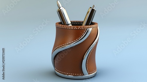 Leather pen holder, desk organizer, studio shot,  elegant design, office supplies photo