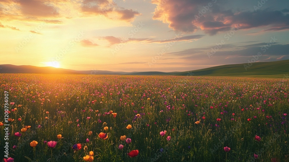 Sunset Wildflower Meadow: A breathtaking panorama of a vibrant wildflower meadow at sunset, the warm golden light illuminating a sea of colorful blooms stretching to the horizon under a dramatic sky. Sunset Wildflower Meadow: A breathtaking panorama of a vibrant wildflower meadow at sunset, the warm golden light illuminating a sea of colorful blooms stretching to the horizon under a dramatic sky.