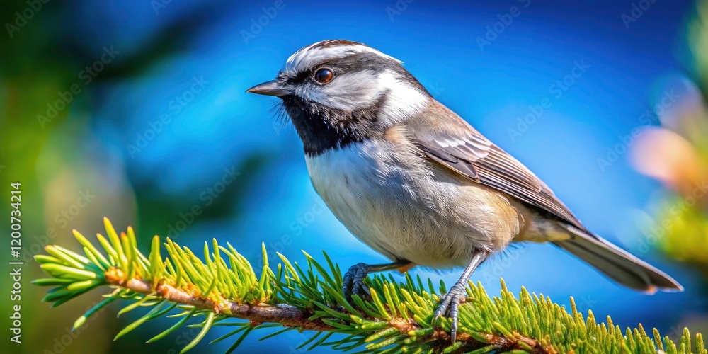 Fototapeta premium Captivating Mountain Chickadee in Natural Habitat - Vibrant Feather Details, Clear Blue Sky, and Scenic Forest Background for Stunning Product Photography