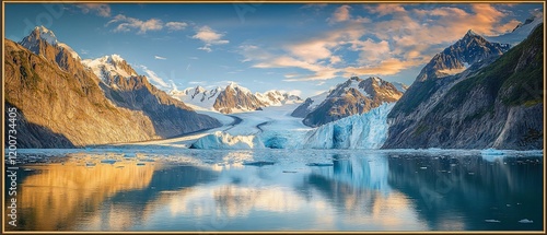 Fjord glacier sunset reflection; Alaskan mountainscape