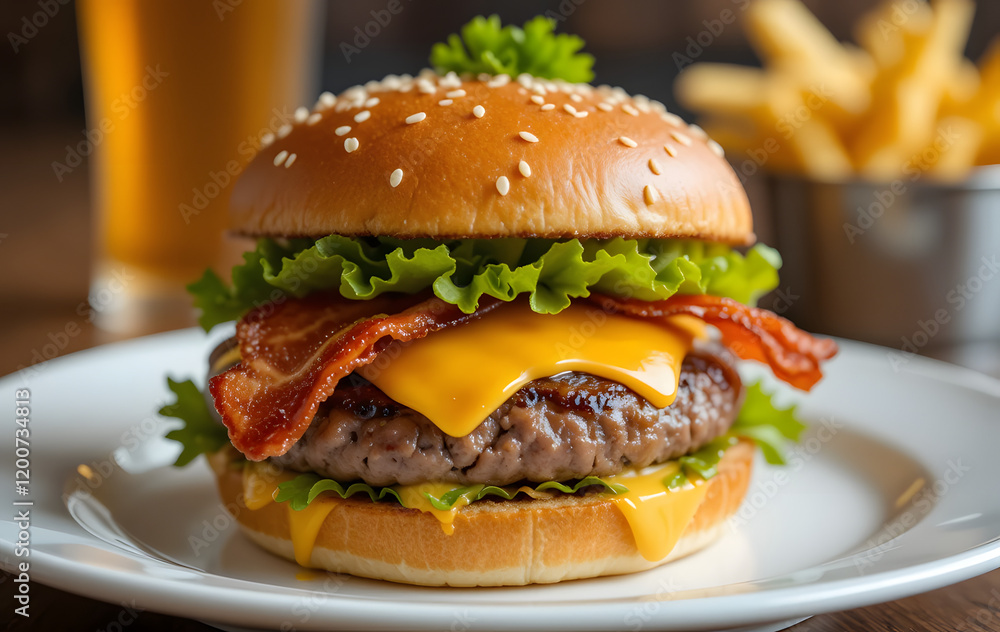 Close-up of a Delicious Burger with Crispy Bacon and Cheese Close-up of a Delicious Burger with Crispy Bacon and Cheese