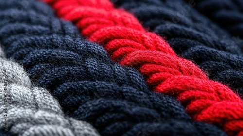 Close-up of textured fabric, red, gray, and black yarn, woven pattern, textile background, ideal for fashion design
