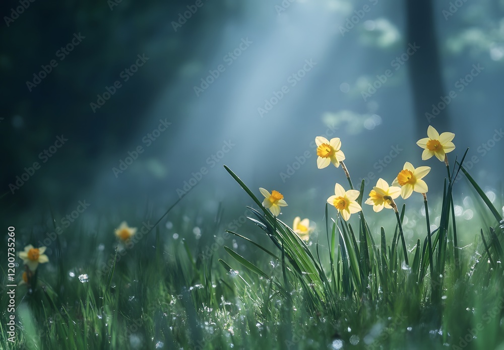Fototapeta premium Yellow Daffodils Blooming in a Misty Spring Meadow