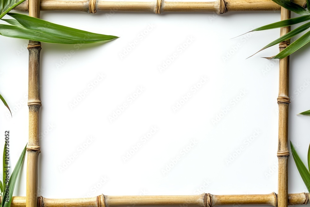 Fototapeta premium Bamboo frame with tropical leaves on white background.