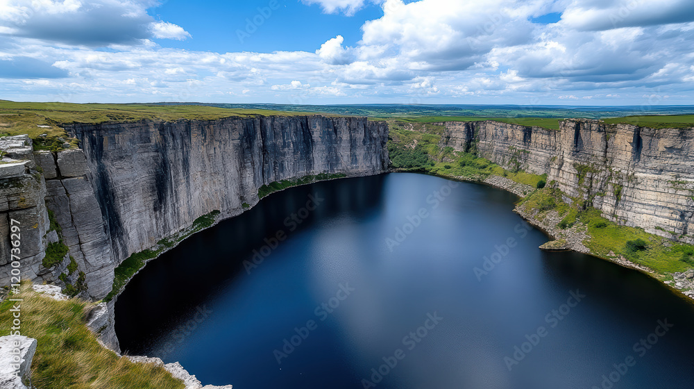 Majestic cliffs overlooking serene lake under cloudy sky Majestic cliffs overlooking serene lake under cloudy sky