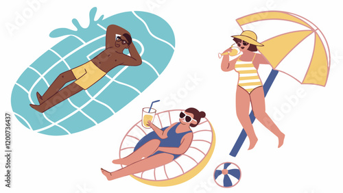 People relaxing on summer holiday. Men, women resting at sea resort on vacation, swimming in pool, snorkeling, sunbathing with cocktails. Flat vector illustrations isolated on white background