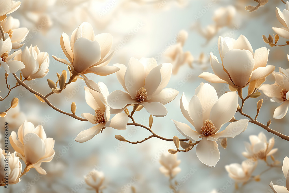 Blooming Magnolia Branch, Sunny Sky, Spring Decor Blooming Magnolia Branch, Sunny Sky, Spring Decor