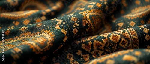 Folded fabric with a patterned design in shades of dark teal, brown, and gold