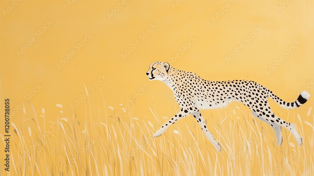 Obraz premium Alert Cheetah in Mid Chase Across Golden Grassland under Bright Yellow Sky