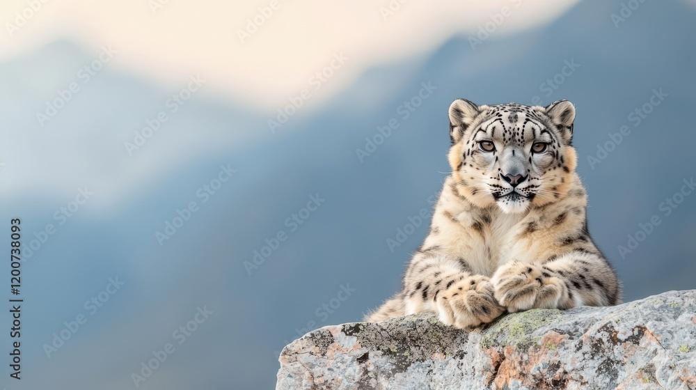 Obraz premium Elegant Snow Leopard Resting Gracefully on Rocky Ledge with Scenic Mountains in Background