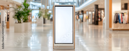 Stylish freestanding kiosk with blank digital screen in modern mall