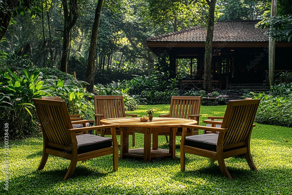 Obraz premium Teak garden furniture set with chairs and table on a grassy field in a park, outdoor dining and relaxation concept