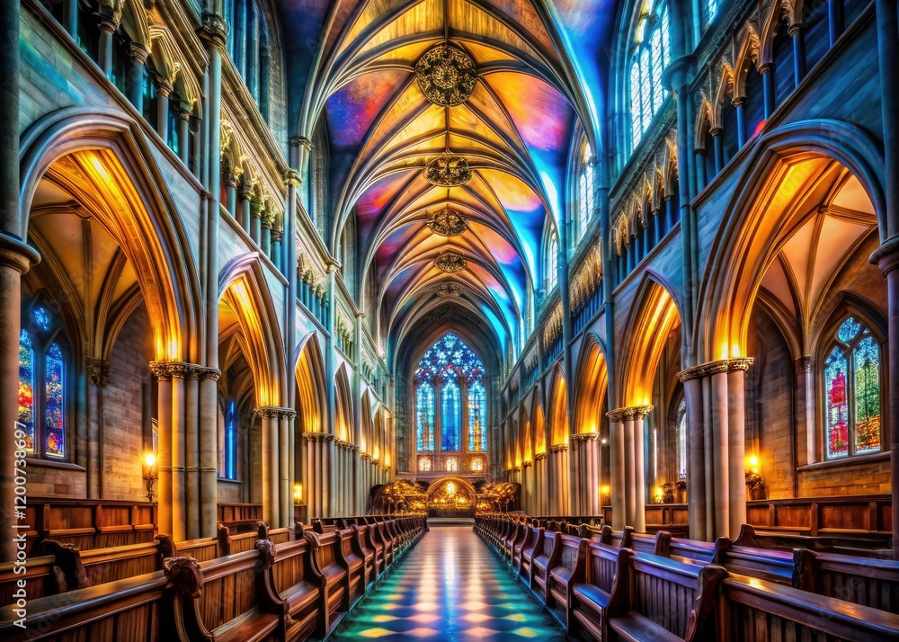 Fototapeta premium Long exposure captures a gothic church interior's spiritual essence, light trails tracing its sacred architecture.