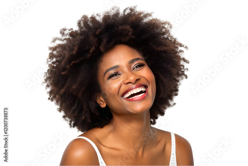 portrait of happy african american woman smiling and laughing with afro hair, isolated on transparent background photo