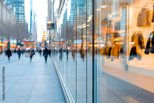 Wallpaper Mural bustling city street reflected in clean glass storefront, showcasing blurred pedestrians and vibrant shop displays Torontodigital.ca
