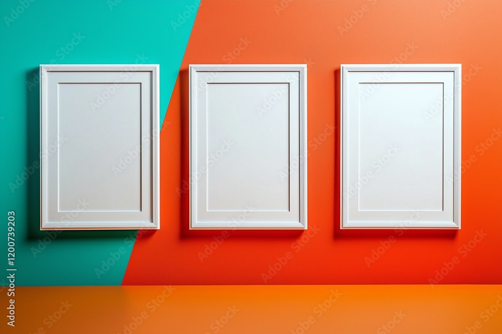 Hyper-realistic setting with white frames on an orange and teal wall. Hyper-realistic setting with white frames on an orange and teal wall.