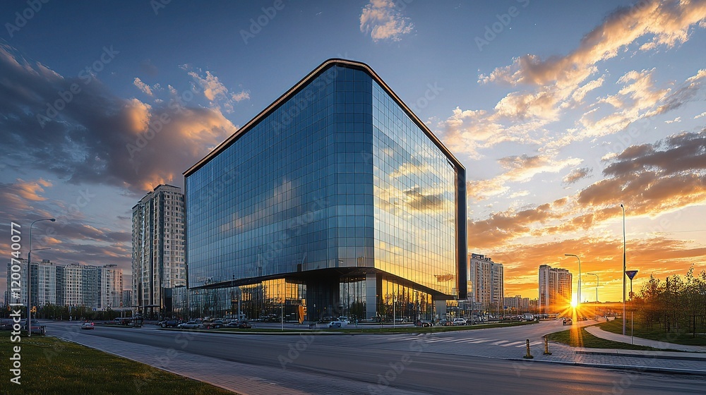 Modern Business Center with Glass Facade at Sunset Modern Business Center with Glass Facade at Sunset