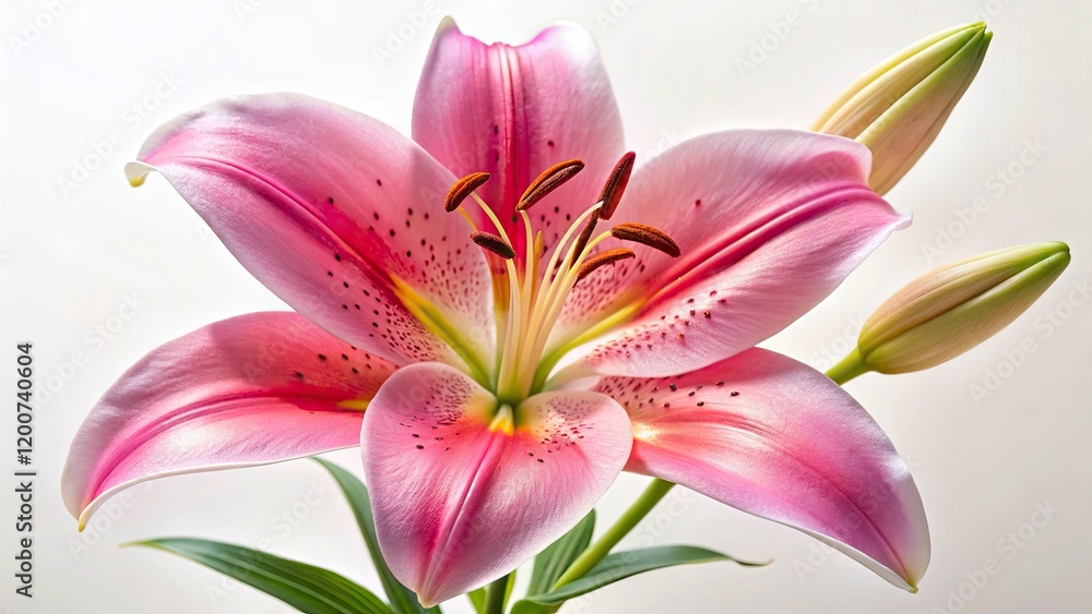 Naklejka premium Elegant Close-Up of a Delicate Pink Lily in Low Light, Isolated on White Background, Highlighting Natural Beauty and Intricate Details of Petals and Stamen for Floral Photography Lovers