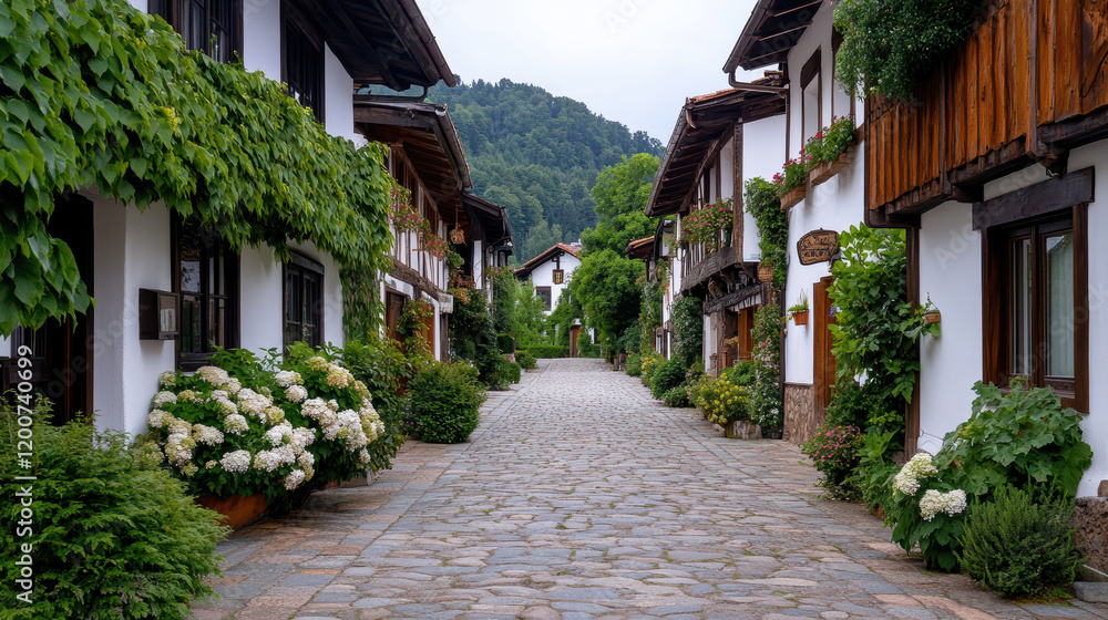 Fototapeta premium Scenic view of historic village with traditional architecture and greenery
