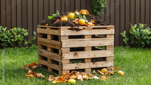 A wooden compost bin filled with organic waste and leaves sits on green grass, surrounded by fallen leaves, in a well-maintained garden setting. photo