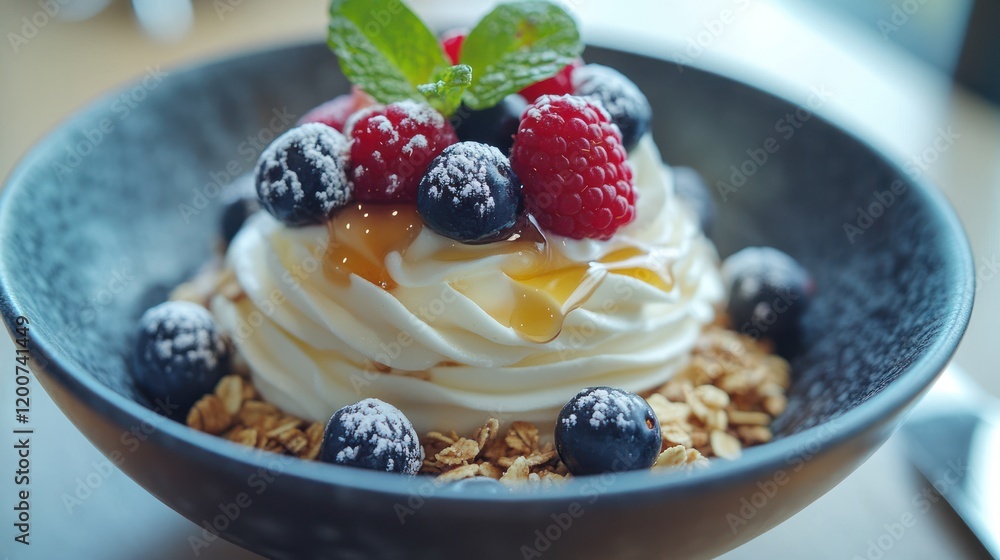 Creamy yogurt with berries, granola, and honey in a bowl. Creamy yogurt with berries, granola, and honey in a bowl.