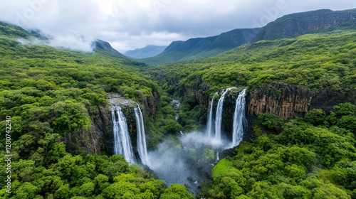 Lush green landscape with waterfalls in Western Ghats during monsoon