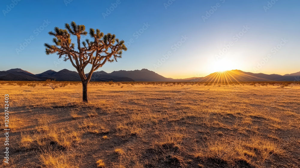 serene desert landscape at sunrise with lone tree and mountains serene desert landscape at sunrise with lone tree and mountains