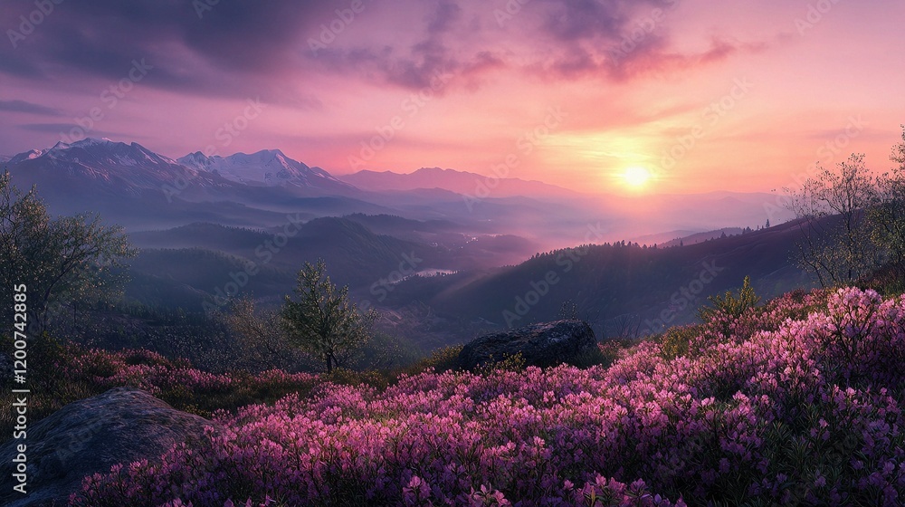 Fototapeta premium Majestic Sunrise in Spring Mountains with Vibrant Floral Hills