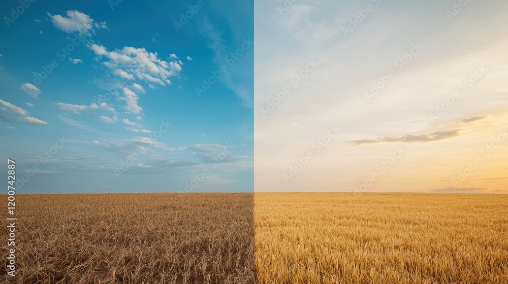 Dramatic Contrast of Withered Crops in a Drought-Affected Field Under Clear Sky and Blended Atmospheric Conditions Dramatic Contrast of Withered Crops in a Drought-Affected Field Under Clear Sky and Blended Atmospheric Conditions