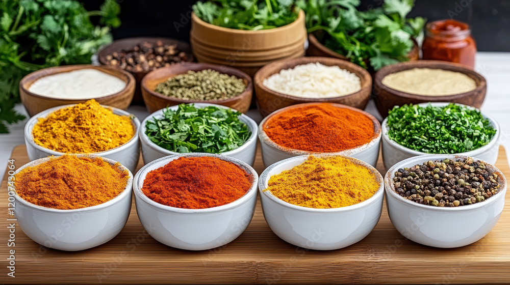 Vibrant spices and herbs arranged in bowls for traditional cooking Vibrant spices and herbs arranged in bowls for traditional cooking