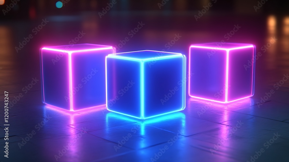Three Neon Cubes Illuminate Dark Floor Three Neon Cubes Illuminate Dark Floor