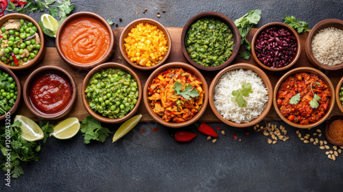 Colorful traditional Indian thali meal with various vibrant dishes and rice photo