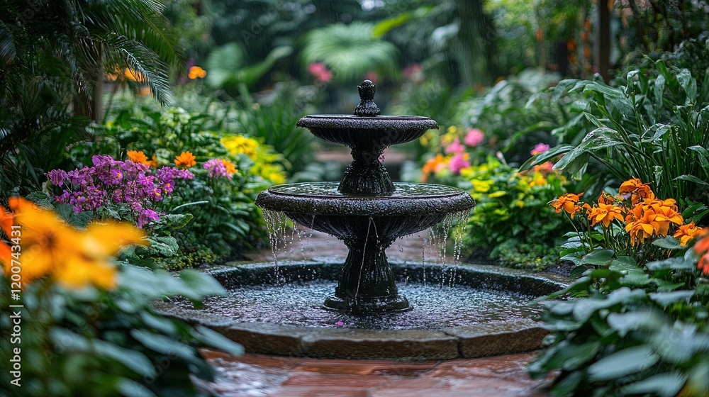 A vibrant urban garden with colorful flowers, lush greenery, and a small fountain A vibrant urban garden with colorful flowers, lush greenery, and a small fountain