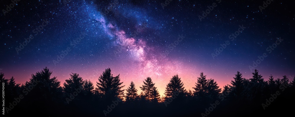 Fototapeta premium Milky Way Galaxy Over Silhouetted Pine Forest at Night