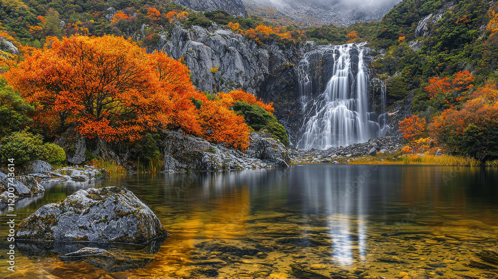 Serene waterfall cascading into reflective pond surrounded by vibrant autumn foliage Serene waterfall cascading into reflective pond surrounded by vibrant autumn foliage