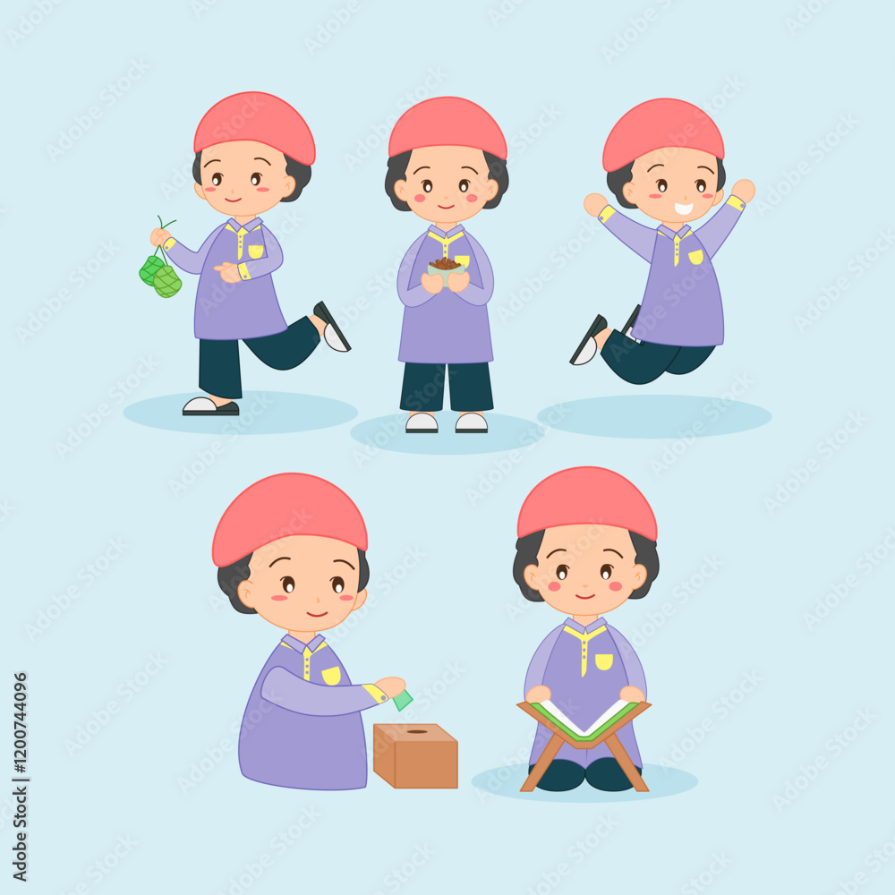 Muslim boys performing Ramadan activities with a light blue background Muslim boys performing Ramadan activities with a light blue background