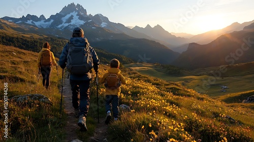 Family hiking mountain sunrise; scenic valley background; adventure travel photo