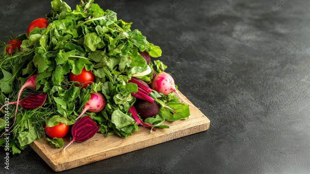 A vibrant pile of fresh salad greens, including radishes and tomatoes, arranged on a wooden cutting board, set against a dark background.