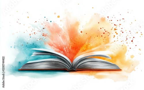 Open book with colorful watercolor splashes on the pages and surrounding area