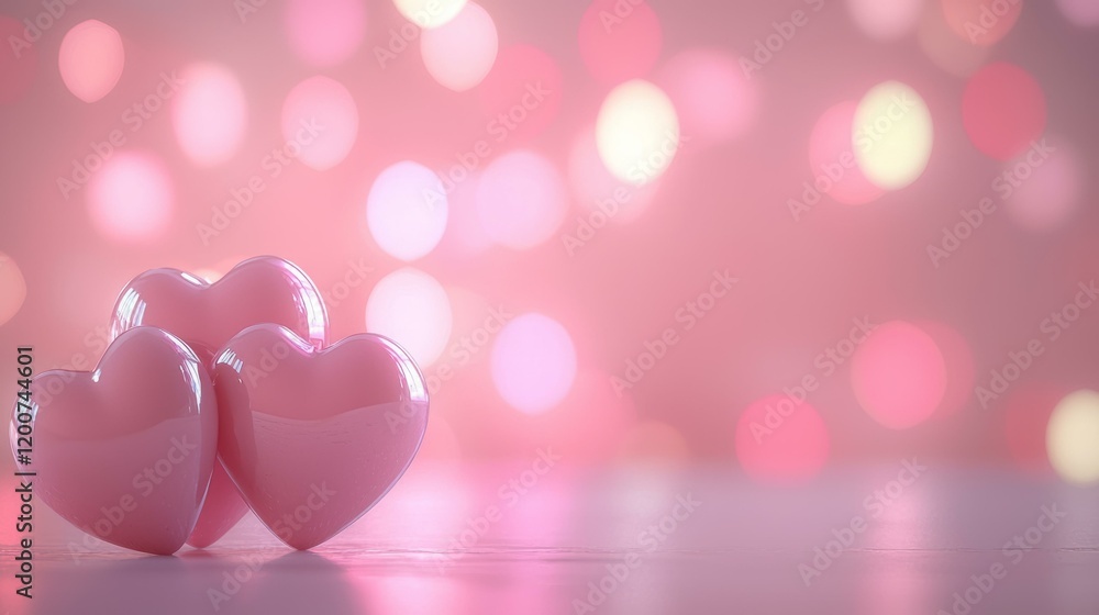 Two pink hearts on a table with blurred lights in the background creating a romantic ambiance Two pink hearts on a table with blurred lights in the background creating a romantic ambiance