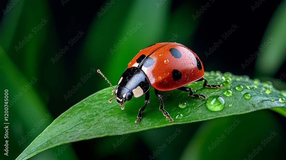 Fototapeta premium Ladybug crawling on a green leaf in bright natural environment close up