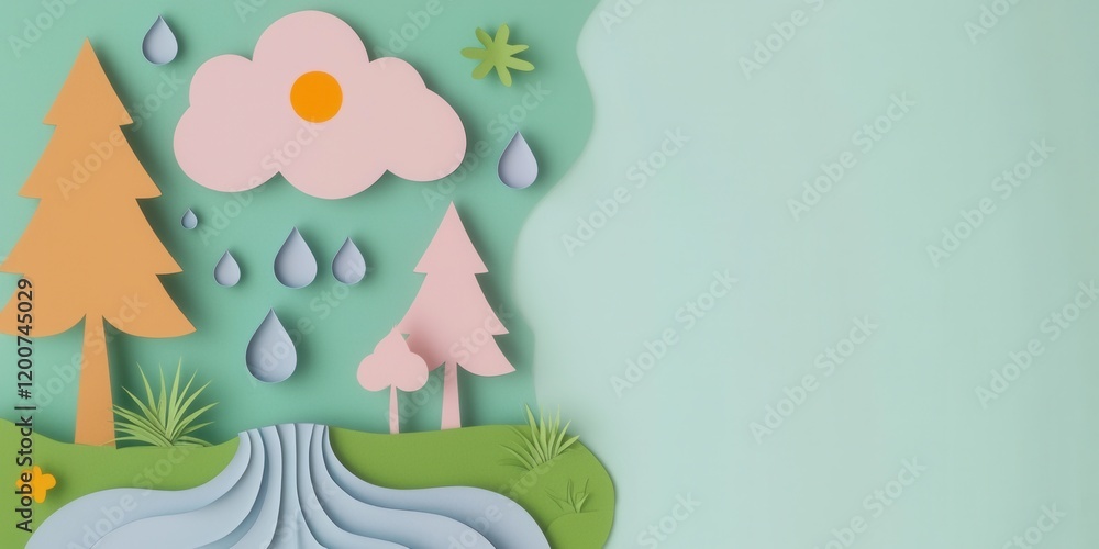Naklejka premium Paper cut artwork concept for World Water Day awareness. Colorful paper art depicting a serene landscape with trees and a river