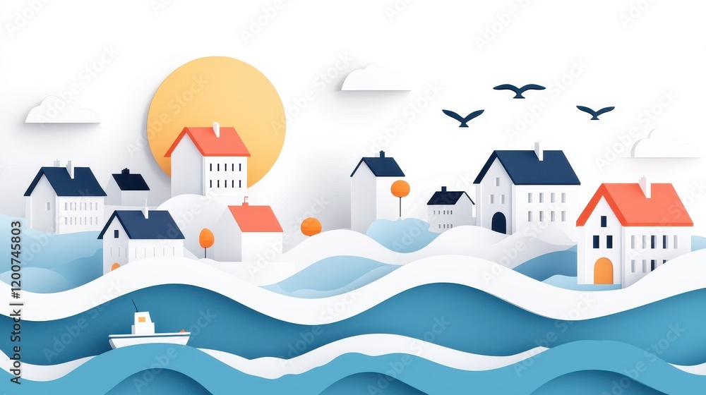 Fototapeta premium Graphic Representation of Rising Sea Levels Impacting Coastal Towns and Communities with a Pictorial Design